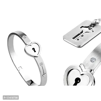 University Trendz Silver Couple Lock and Key Stainless Steel Silver Plated Bracelet Pendant Set for Men and Women-thumb4