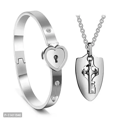 University Trendz Stainless Steel Heart Lock and Key Bracelet Pendant Set for Couples Men Women and Valentine (Silver)-thumb0