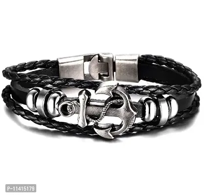Vendsy Handmade Single-layer Black Ship Leather Bracelet