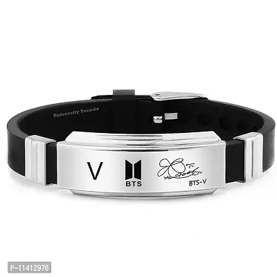 University Trendz V BTS Band Exquisite Signature Stainless Steel Silicon Charm Bracelet for Men & Women (Silver Black)-thumb0
