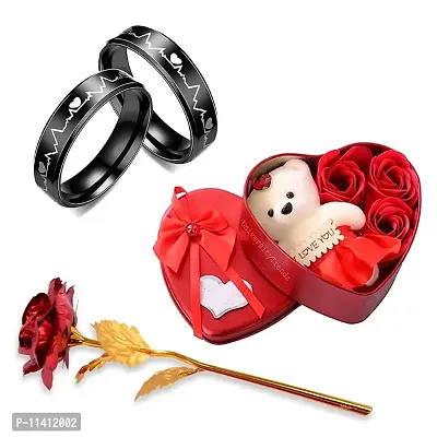 University Trendz Stainless Steel Black Heart Beat Couple Rings with Red Rose Flower Petals with Box & Soft Teddy Bear, Romantic Gift for Valentine Day