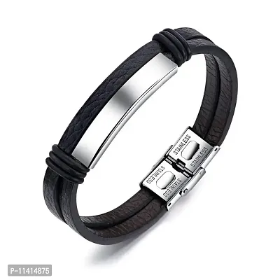 University Trendz Slip-On Leather Bracelet with Black Silver Stainless Steel Head for Boys & Men