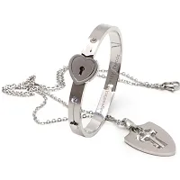 University Trendz Stainless Steel Heart Lock and Key Bracelet Pendant Set for Couples Men Women and Valentine (Silver)-thumb1