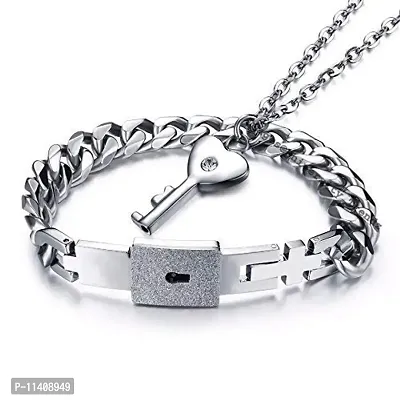 University Trendz Newest Design Lock and Key Stainless Steel Couple Bracelet Pendant Necklace Set for Boys, Girls, Men & Women