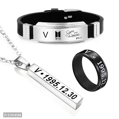 University Trendz BTS V Tri Combo - Kpop V Signature Bracelet, Bar Pendant & Name DOB Engraved Black Stainless Steel Ring (Pack of 3)