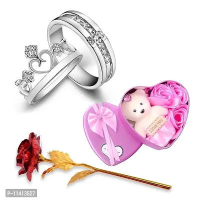 University Trendz Valentine Romantic Gift Combo of Sterling Silver Crown Couple Ring with Red Rose Flower & Pink Teddy Bear (Pack of 3)