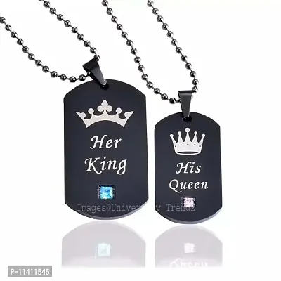 University Trendz Her King His Queen Couple Pendant Chain Necklace for Men Women and Lovers Best Gift for Valentine (Black-Silver)
