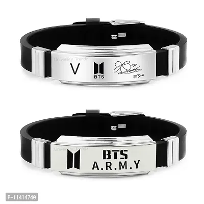 University Trendz BTS Army Metal Tag Silicon Wristband Bracelet with V Signature Bracelet for Boys & Men (Pack of 2)