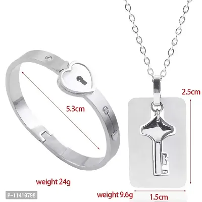 University Trendz Silver Couple Lock and Key Stainless Steel Silver Plated Bracelet Pendant Set for Men and Women-thumb2