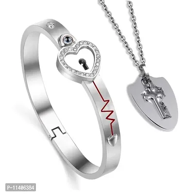 University Trendz Projection Steel Lock Bangle Bracelet and Key Pendant Necklace Set for Boys, Girls, Men & Women (Silver)