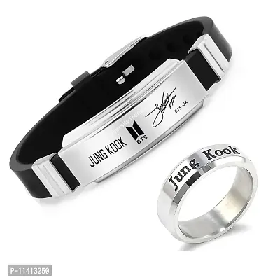 University Trendz BTS Bangtan Jung Kook Stainless Steel Ring Combo with Signature Printing Silicon Bracelet
