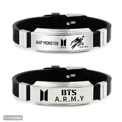 University Trendz BTS Army Metal Tag Silicon Wristband Bracelet with Rap Monster Signature Bracelet for Boys & Men (Pack of 2)