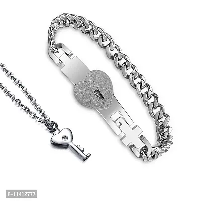 University Trendz Stainless Steel Antique Heart Design Lock and Key Bracelet Pendant Set for Couples Men and Women (Silver)