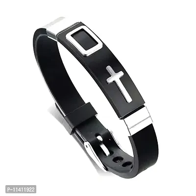 University Trendz Silver Plated Jesus Band Adjustable Christian Cross Design Bracelet Wrap for Unisex (Black)