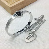 University Trendz Stainless Steel Heart Lock and Key Bracelet Pendant Set for Couples Men and Women (Silver)-thumb3