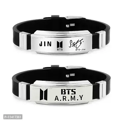 University Trendz BTS Army Metal Tag Silicon Wristband Bracelet with Jin Signature Bracelet for Boys & Men (Pack of 2)-thumb0