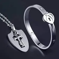 University Trendz Stainless Steel Double Heart Design Lock and Key Bracelet Pendant Set for Couples Men and Women (Silver)-thumb4
