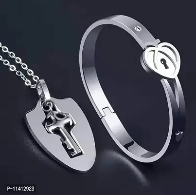 University Trendz Stainless Steel Double Heart Design Lock and Key Bracelet Pendant Set for Couples Men and Women (Silver)-thumb5