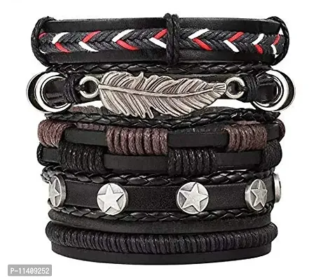 University Trendz Black Leather Wrap Bracelets for Men -5 Pieces