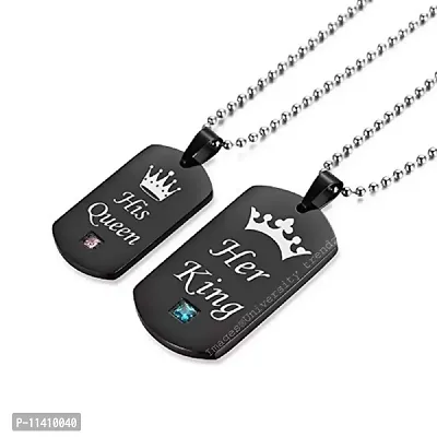 University Trendz Black Stainless Steel Her King His Queen Couple Pendant Necklace with Chains for Men, Women & Lovers (Black-Silver)-thumb0