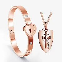 University Trendz Stainless Steel Heart Lock and Key Bracelet Pendant Set for Couples Men and Women (Rosegold)-thumb1