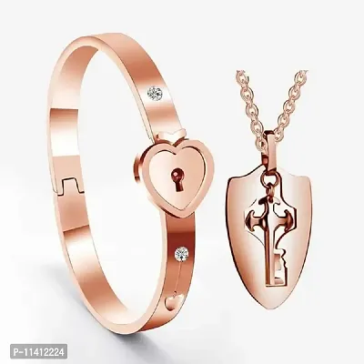 University Trendz Stainless Steel Heart Lock and Key Bracelet Pendant Set for Couples Men and Women (Rosegold)-thumb2