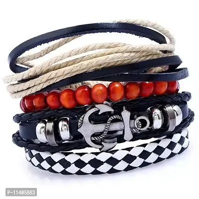 University Trendz Vintage Anchor Multiple Layers Leather and Charms Bracelet for Men and Boys- Black (Pack of 4)