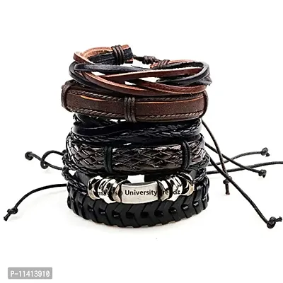 University Trendz Modern PU Leather Brown Wrap Multi Layer Bracelet for Mens and Boys (Set of 6)