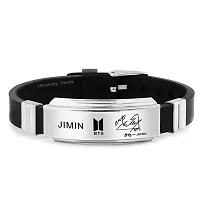 University Trendz BTS Jimin Combo - Bangtan Jimin Signature Bracelet, Bar Pendant & Name DOB Engraved Black Stainless Steel Ring (Pack of 3)-thumb1
