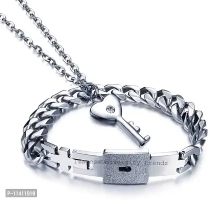 University Trendz Stainless Steel Lock and Key Bracelet Pendant Set for Couples Men Women and Valentine (Silver)