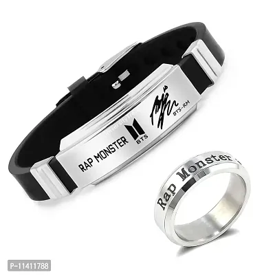 University Trendz BTS Bangtan Rap Monster Stainless Steel Ring Combo with Signature Printing Silicon Bracelet