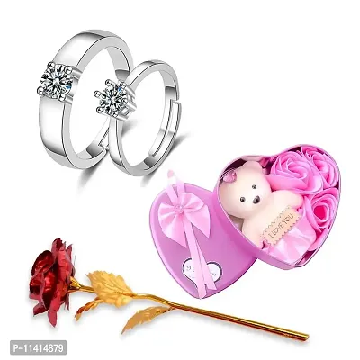 University Trendz Valentine Romantic Gift Combo of Silver Plated Couple Stone Love Ring with Red Rose Flower & Pink Teddy Bear (Pack of 3)