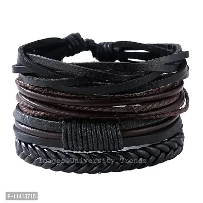 University Trendz Black Leather Handmade Woven Bracelet for Men & Women (Set of 4) (Black)