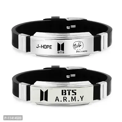 University Trendz BTS Army Metal Tag Silicon Wristband Bracelet with J Hope Signature Bracelet for Boys & Men (Pack of 2)