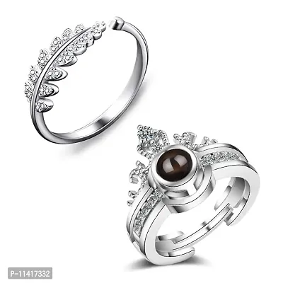 University Trendz Silver Plated 100 Language I Love You Ring Combo with Open Adjustable Leaf Ring for Women (Pack of 2)