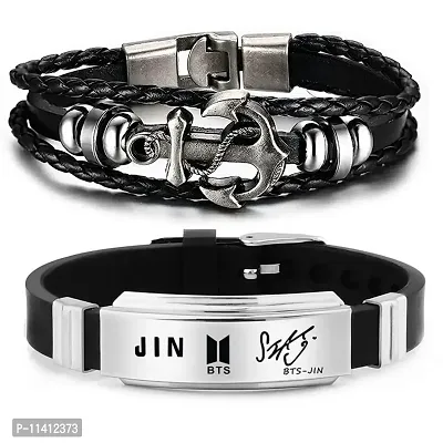 University Trendz BTS Kpop Jin Signature Printing Silicon Bracelet Combo with Leather Multi Rope Bracelet (Pack of 2)-thumb0