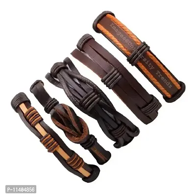University Trendz Multicolor Multi-Layer Fashion PU Handmade Leather Base Metal Bracelet for Men and Boys - Set of 5-thumb0