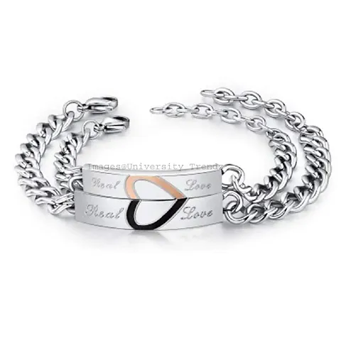 University Trendz Stainless Steel His Her Real Love Distance Couple Bracelet for Men and Women -2 Pieces