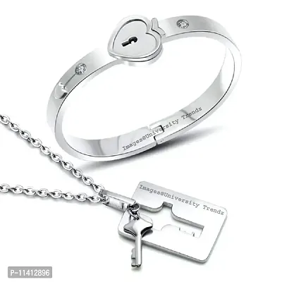 University Trendz Stainless Steel Lock and Key Bracelet Pendant Set for Couples Men and Women (Silver)-thumb0