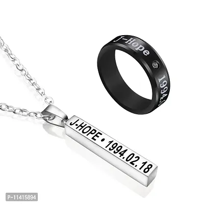 University Trendz Black BTS J-Hope Stainless Steel Ring Combo with Kpop Bar J-Hope Pendant Necklace (Pack of 2)