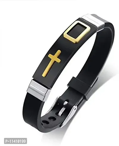 University Trendz Adjustable Casual Gold Cross Printed Cool Style Black and Silver Plated Stainless Steel Bracelet for Men and Boys