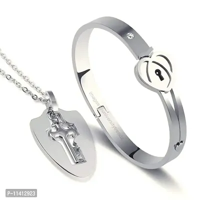 University Trendz Stainless Steel Double Heart Design Lock and Key Bracelet Pendant Set for Couples Men and Women (Silver)-thumb0