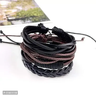 University Trendz Black Leather Dyed Rope Multi Strand Wrist Band Bracelet for Men & Women (Set of 4) (Black)-thumb5