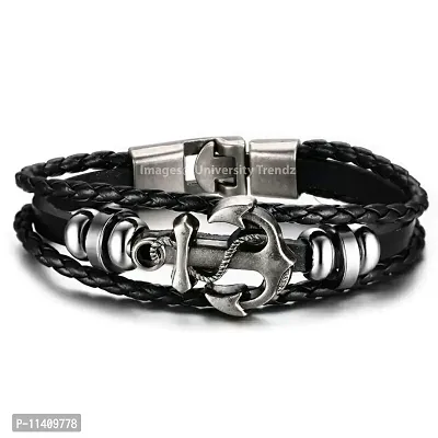University Trendz PU Leather Base Metal Bracelet for Men (Black)