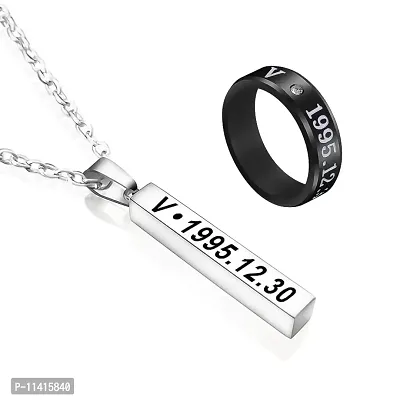 University Trendz Black BTS V Stainless Steel Ring Combo with Kpop Bar V Pendant Necklace (Pack of 2)-thumb0