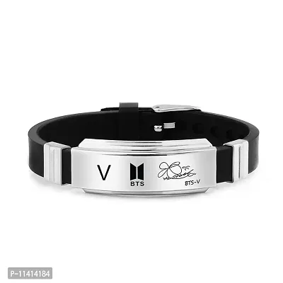 University Trendz BTS V Tri Combo - Kpop V Signature Bracelet, Bar Pendant & Name DOB Engraved Black Stainless Steel Ring (Pack of 3)-thumb2