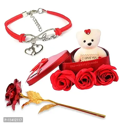 University Trendz Valentine Gift Combo - Red Rose Leather Bracelet with Red Rose Flower Box and Soft Teddy Bear, Best Valentine Day Gift