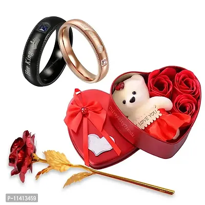 University Trendz Stainless Steel King Queen Couple Rings with Artificial Red Rose Flower Box for Girlfriend, Wife, Lovers Romantic Gift for Valentine Day