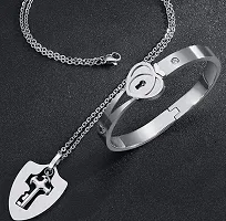 University Trendz Stainless Steel Double Heart Design Lock and Key Bracelet Pendant Set for Couples Men and Women (Silver)-thumb1