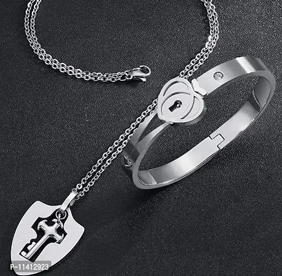 University Trendz Stainless Steel Double Heart Design Lock and Key Bracelet Pendant Set for Couples Men and Women (Silver)-thumb2